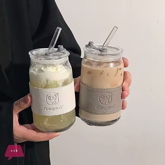 Straw Glass Cup Suitable for Iced Coffee Soda Tea with Lid Straw And Sleeve 15.21 Oz Large Capacity