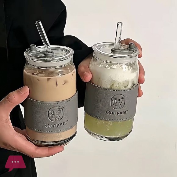 Straw Glass Cup Suitable for Iced Coffee Soda Tea with Lid Straw And Sleeve 15.21 Oz Large Capacity