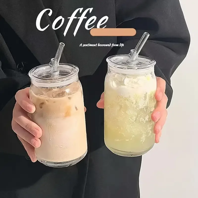 15 21 oz large capacity straw glass cup suitable for iced coffee whiskey soda tea with lid straw and sleeve decoration 2pcs Product details 0