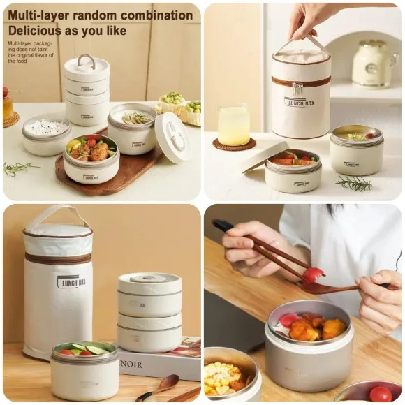 Thermal Lunch Box Safe 304 Stainless Steel Portable Insulated Food Container with Lid for School 3Pcs 1850ML