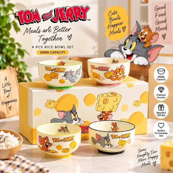 Tom and Jerry Officially Licensed Bowl Set Ceramic bowls Dishwasher Safe Set of 4