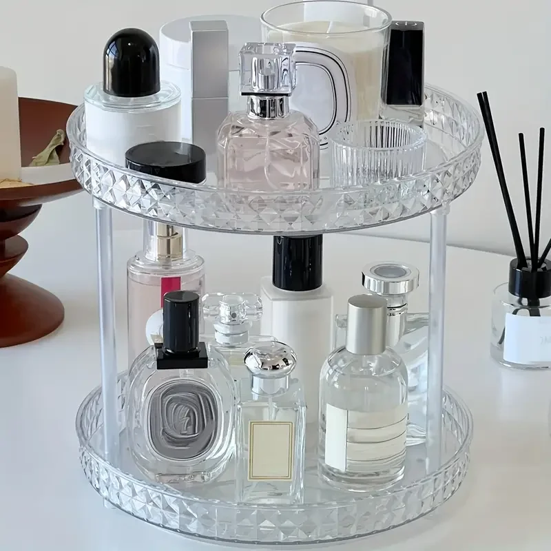 1pc transparent diamond pattern makeup storage organizer multi layer rotating desktop cosmetic storage rack cosmetic skincare perfume tray large capacity makeup storage shelf vanity decor makeup organizer details 0
