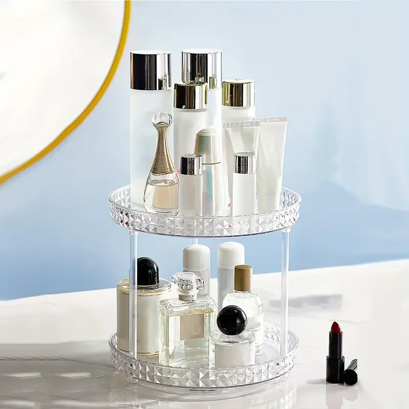 1pc transparent diamond pattern makeup storage organizer multi layer rotating desktop cosmetic storage rack cosmetic skincare perfume tray large capacity makeup storage shelf vanity decor makeup organizer details 1