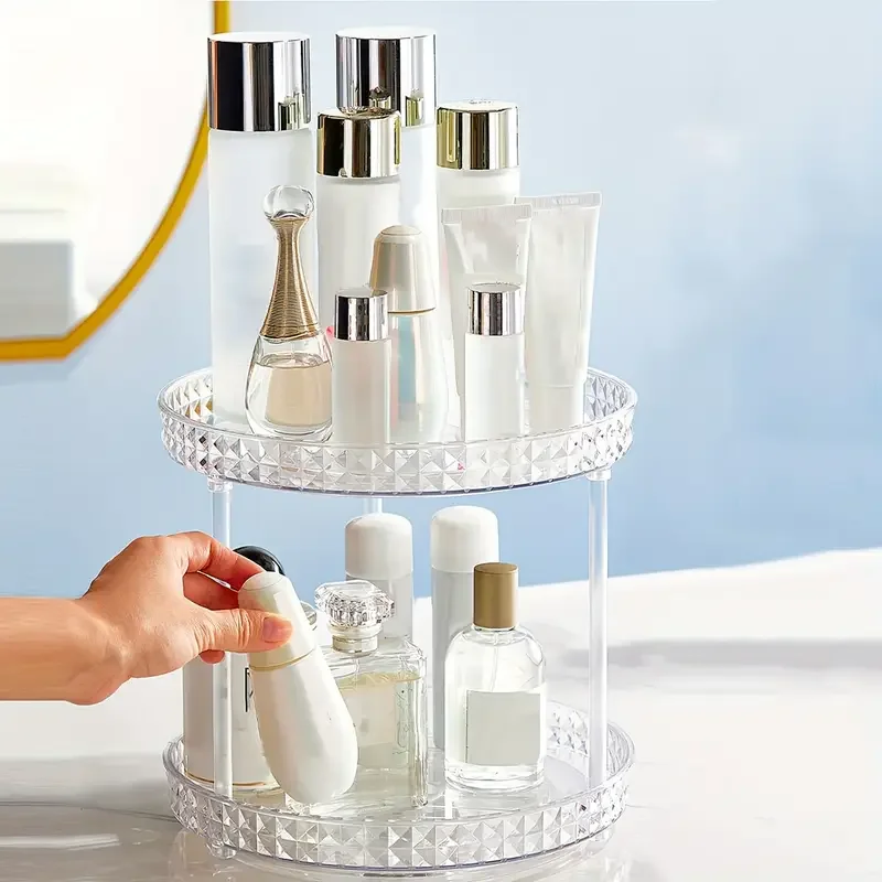1pc transparent diamond pattern makeup storage organizer multi layer rotating desktop cosmetic storage rack cosmetic skincare perfume tray large capacity makeup storage shelf vanity decor makeup organizer details 2