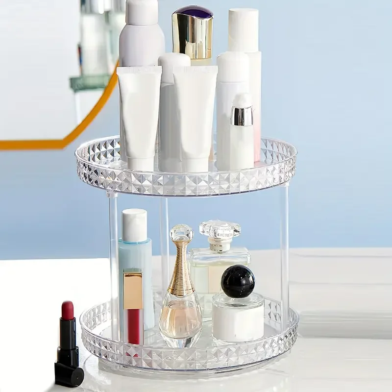 1pc transparent diamond pattern makeup storage organizer multi layer rotating desktop cosmetic storage rack cosmetic skincare perfume tray large capacity makeup storage shelf vanity decor makeup organizer details 3