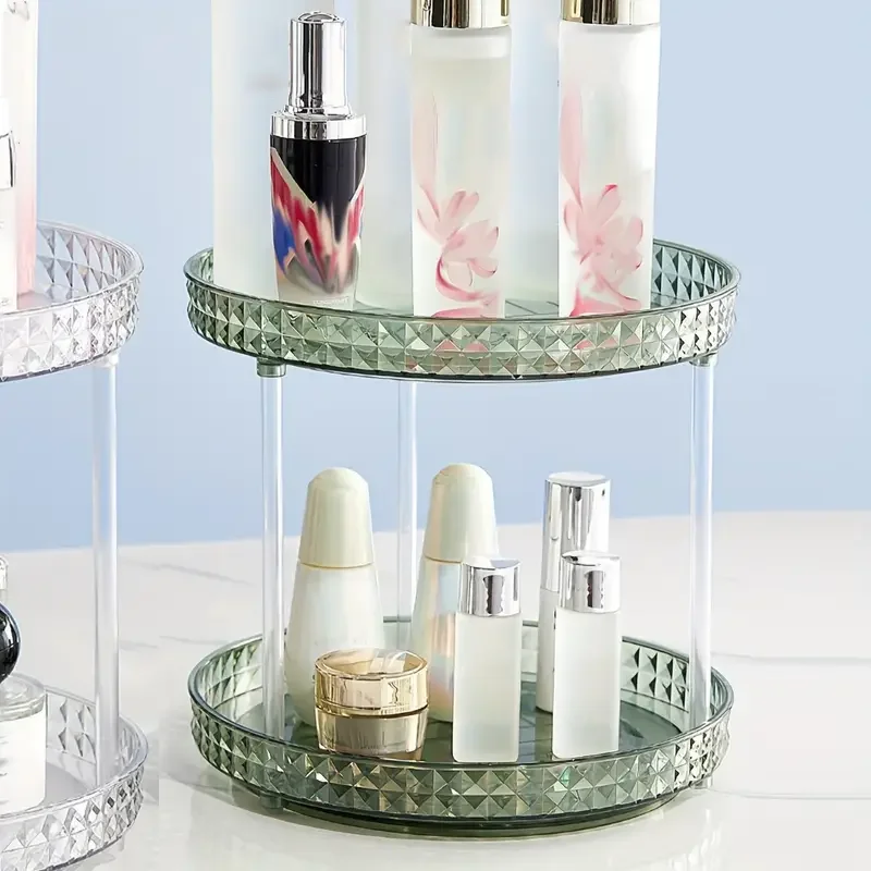 1pc transparent diamond pattern makeup storage organizer multi layer rotating desktop cosmetic storage rack cosmetic skincare perfume tray large capacity makeup storage shelf vanity decor makeup organizer details 5