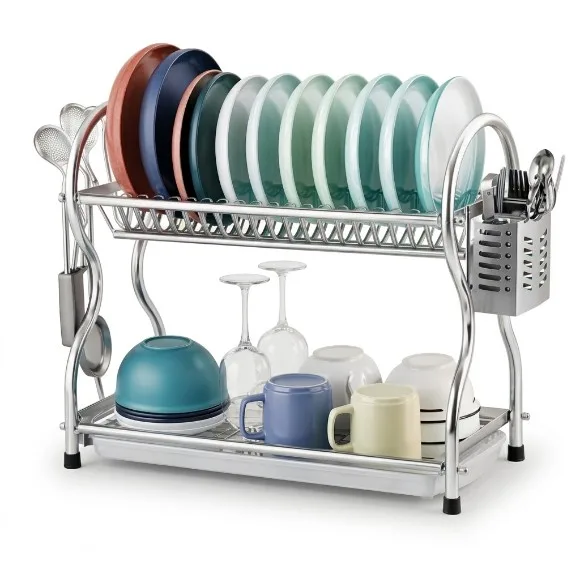 Two-Tier Stainless Steel Dish Rack Designed for Kitchen Counters