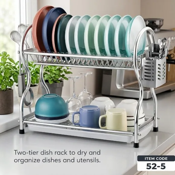 Two-Tier Stainless Steel Dish Rack Designed for Kitchen Counters