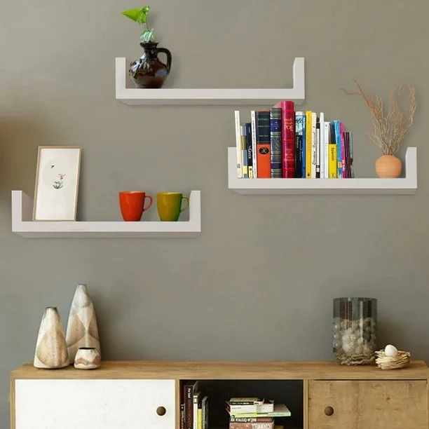 U Shaped Laminated Shelf Floating Wall Shelves Storage Display Shelf Black/White, Pack of 3