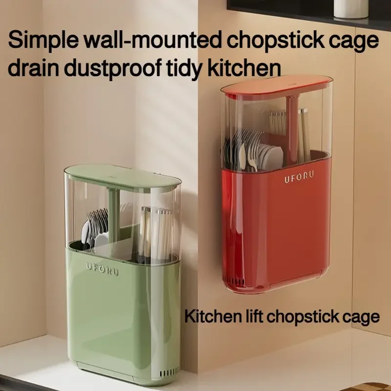 wall mounted chopstick holder with detachable lid no drill   screw mount installation dustproof kitchen organizer space saving plastic storage box for utensils modern   green beige   durable hygienic Product details 0