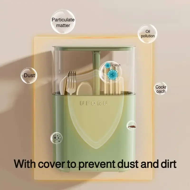 wall mounted chopstick holder with detachable lid no drill   screw mount installation dustproof kitchen organizer space saving plastic storage box for utensils modern   green beige   durable hygienic Product details 4