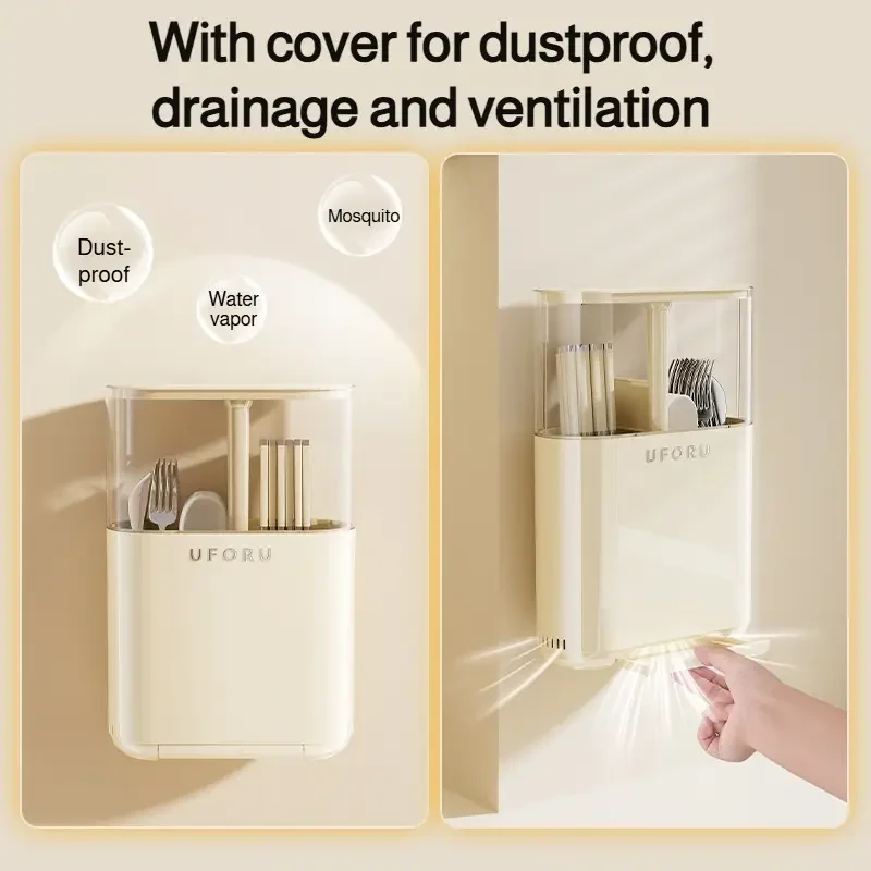wall mounted chopstick holder with detachable lid no drill   screw mount installation dustproof kitchen organizer space saving plastic storage box for utensils modern   green beige   durable hygienic Product details 5