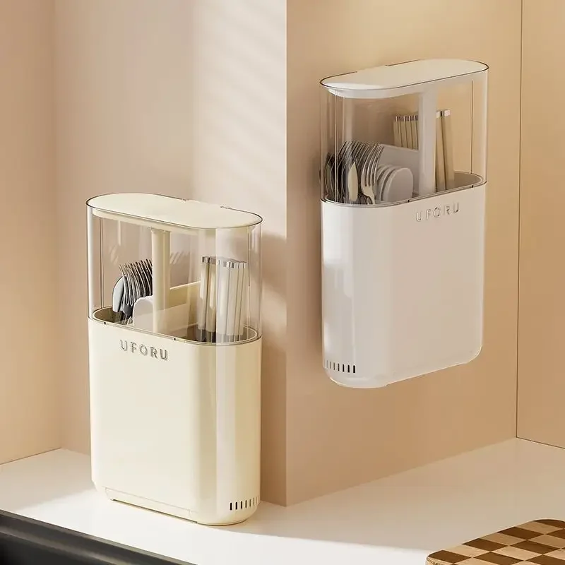wall mounted chopstick holder with detachable lid no drill   screw mount installation dustproof kitchen organizer space saving plastic storage box for utensils modern   green beige   durable hygienic Product details 7