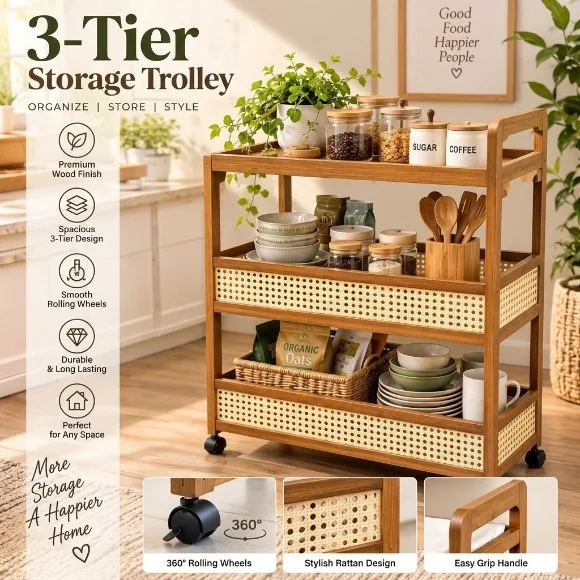 Utility Bamboo Storage Cart 3 Tiers Mobile for Home Kitchen Bedroom Balcony Tea Trolley