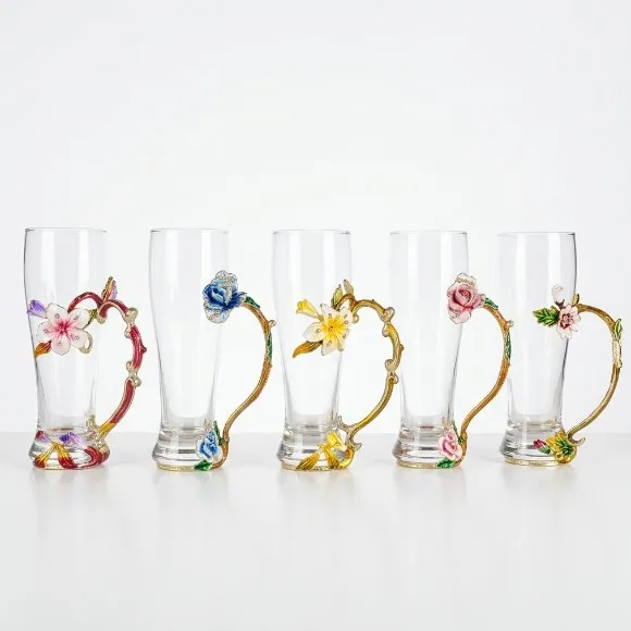 Vintage Floral Enamel Tall Glass Mug – Handcrafted Crystal Drinking Glass with 3D Flower Handle 1Piece