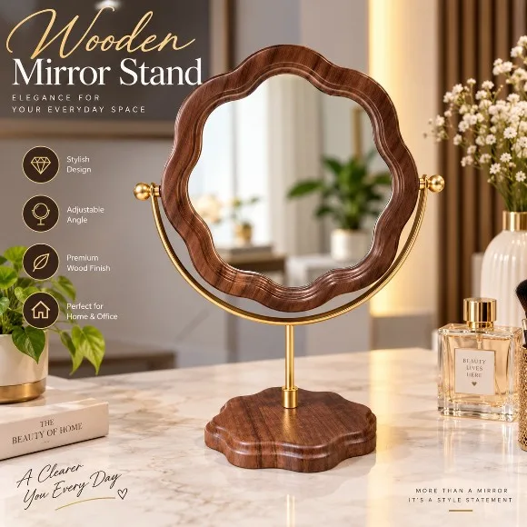 Vintage Makeup Mirror with Rotating Wooden Frame