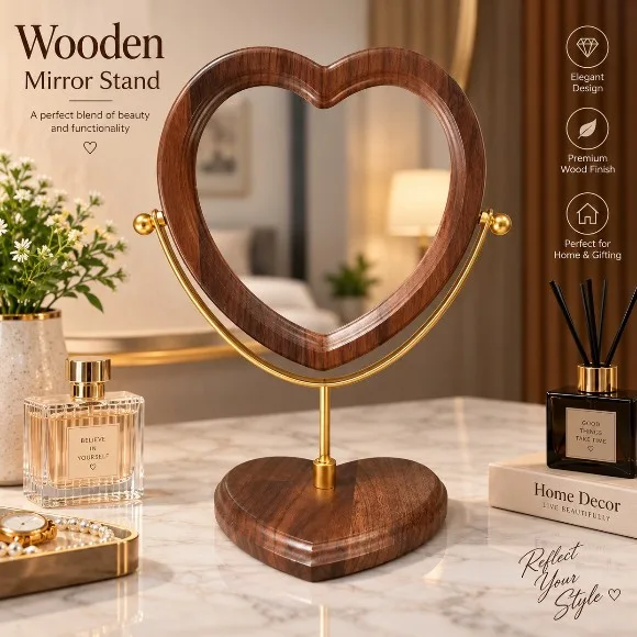 Vintage Makeup Mirror with Rotating Wooden Frame