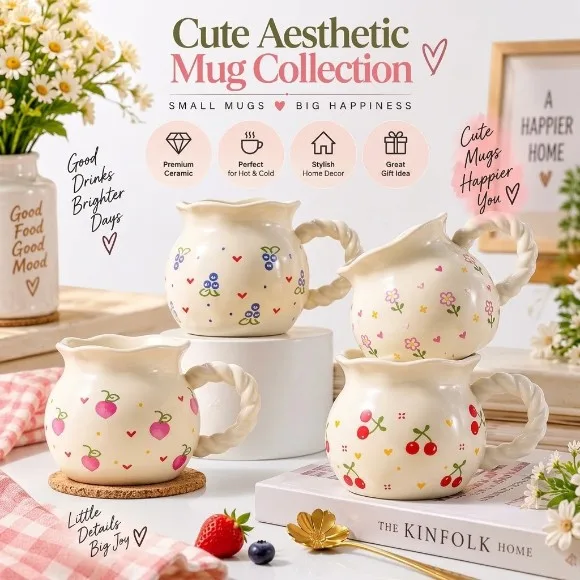 Wavy Fruity Floral Mug - Cute Aesthetic Mug 300 ml - 1 Pcs