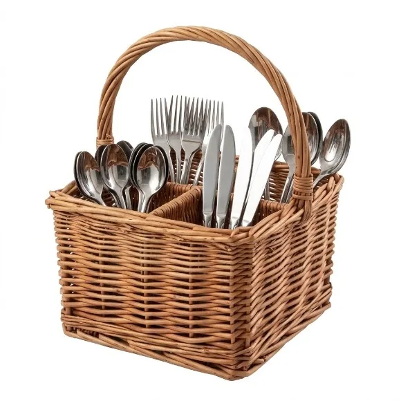 Wicker Organizer Basket with Dividers and Handle 4 Compartments