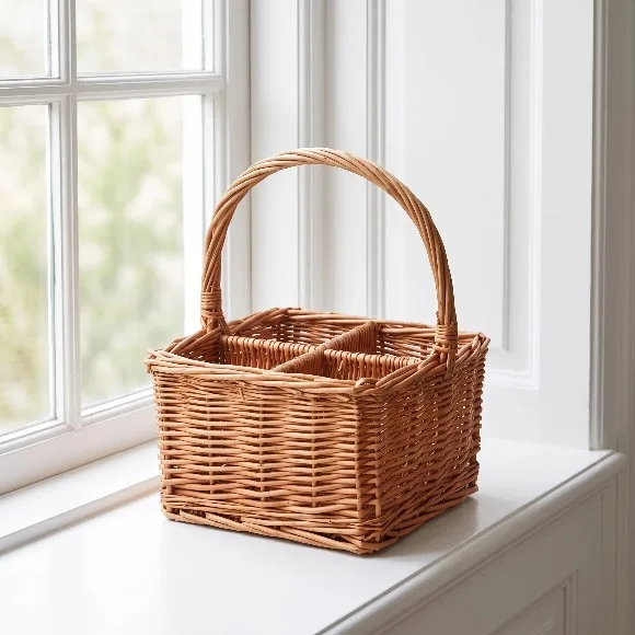 Wicker Organizer Basket with Dividers and Handle 4 Compartments