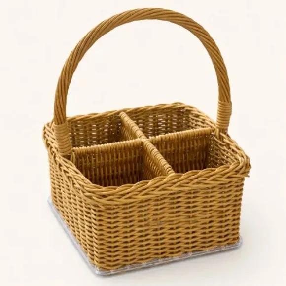 Wicker Organizer Basket with Dividers and Handle 4 Compartments