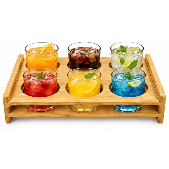Wood Glass Tray Holder Drink Cup Storage Holder Serving Tray - 6 Hole