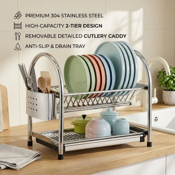 2 Tier Dish Drying Rack for Kitchen High Quality Stainless Steel Kitchen Organizer