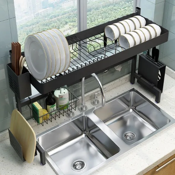 2 Tier Over The Sink Dish Drying Rack Powder Coated Home Kitchen 65CM Standing Storage Holders Sink Dish Rack