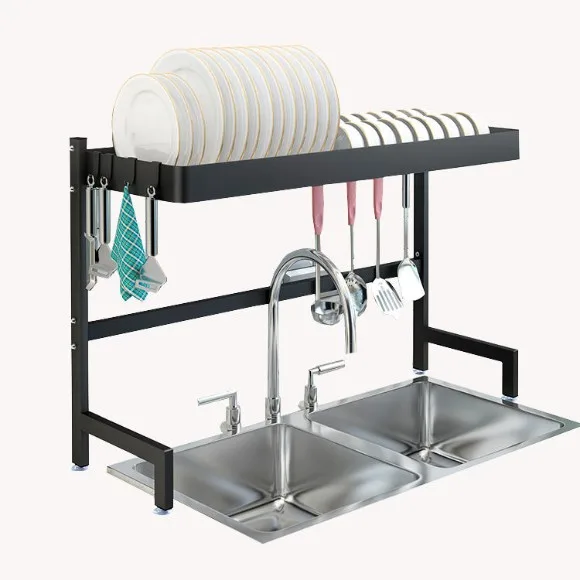 2 Tier Over The Sink Dish Drying Rack Powder Coated Home Kitchen 65CM Standing Storage Holders Sink Dish Rack