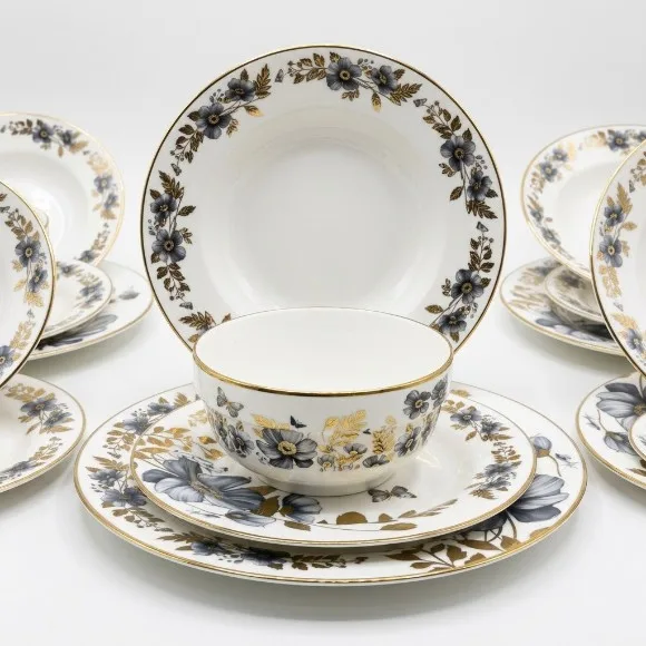 24-Piece Luxury Fine Porcelain Dinner Set – Indigo Floral & 24K Gold Trim Dinnerware Service for 6