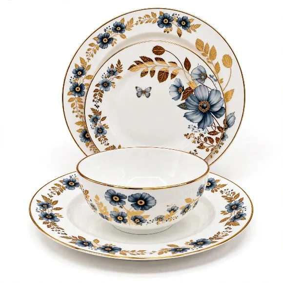 24-Piece Luxury Fine Porcelain Dinner Set – Indigo Floral & 24K Gold Trim Dinnerware Service for 6