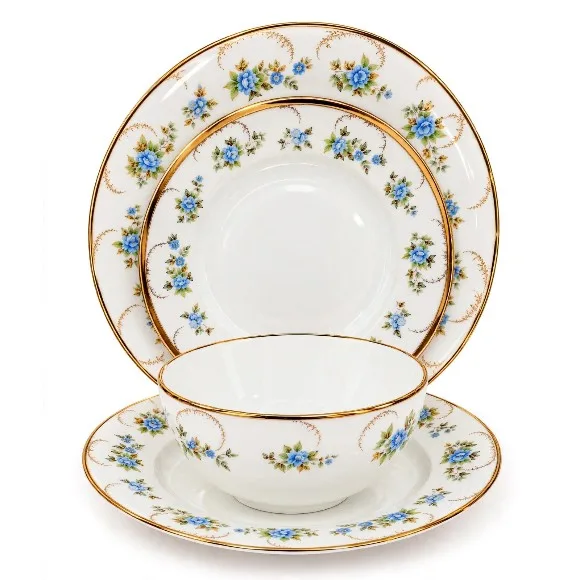 24-Piece Luxury Fine Porcelain Dinner Set – Indigo Floral & 24K Gold Trim Dinnerware Service for 6