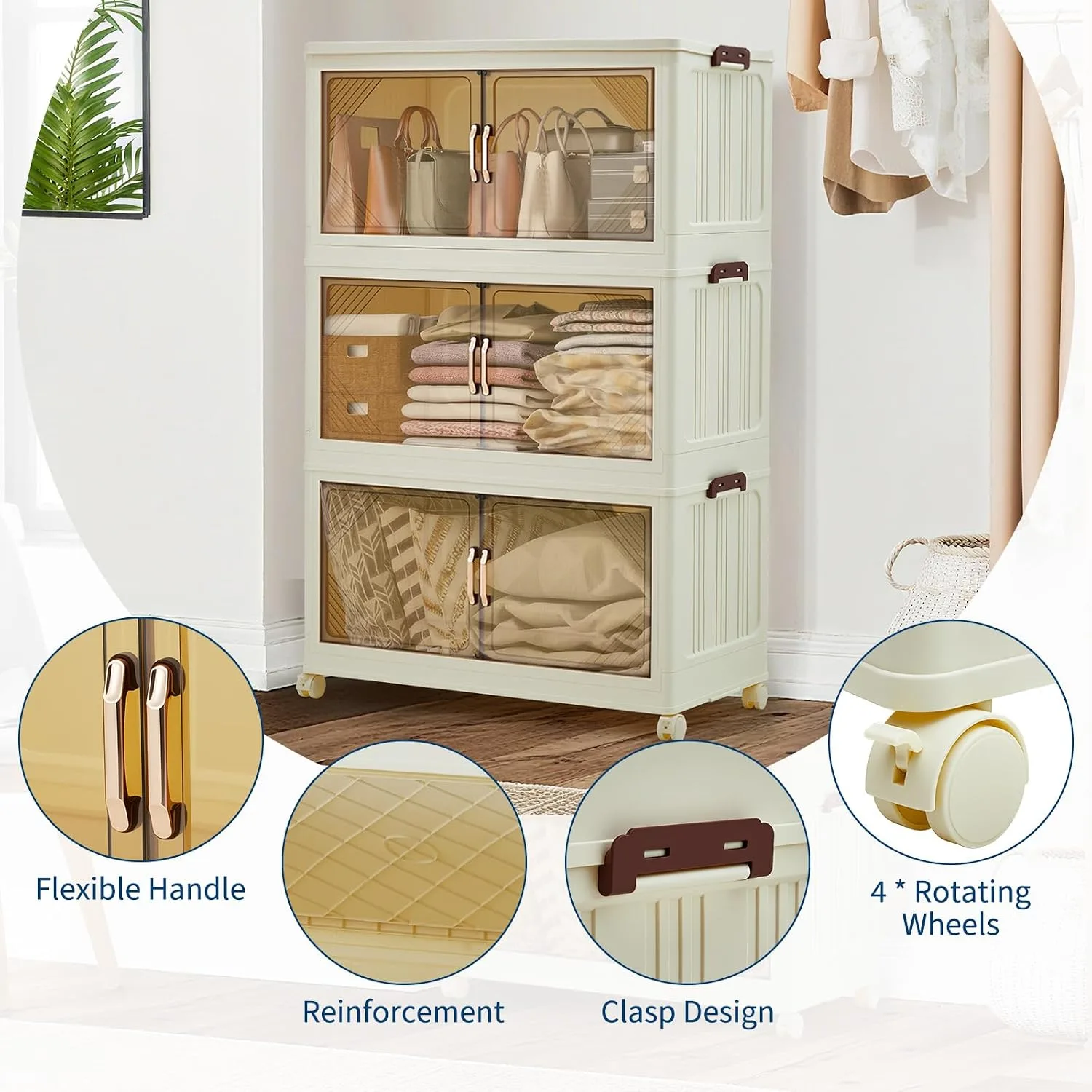 Stackable Collapsible Storage Drawer Magnetic Doors Lockable Wheels Organizer for Closet Bedroom Office 3 Layer