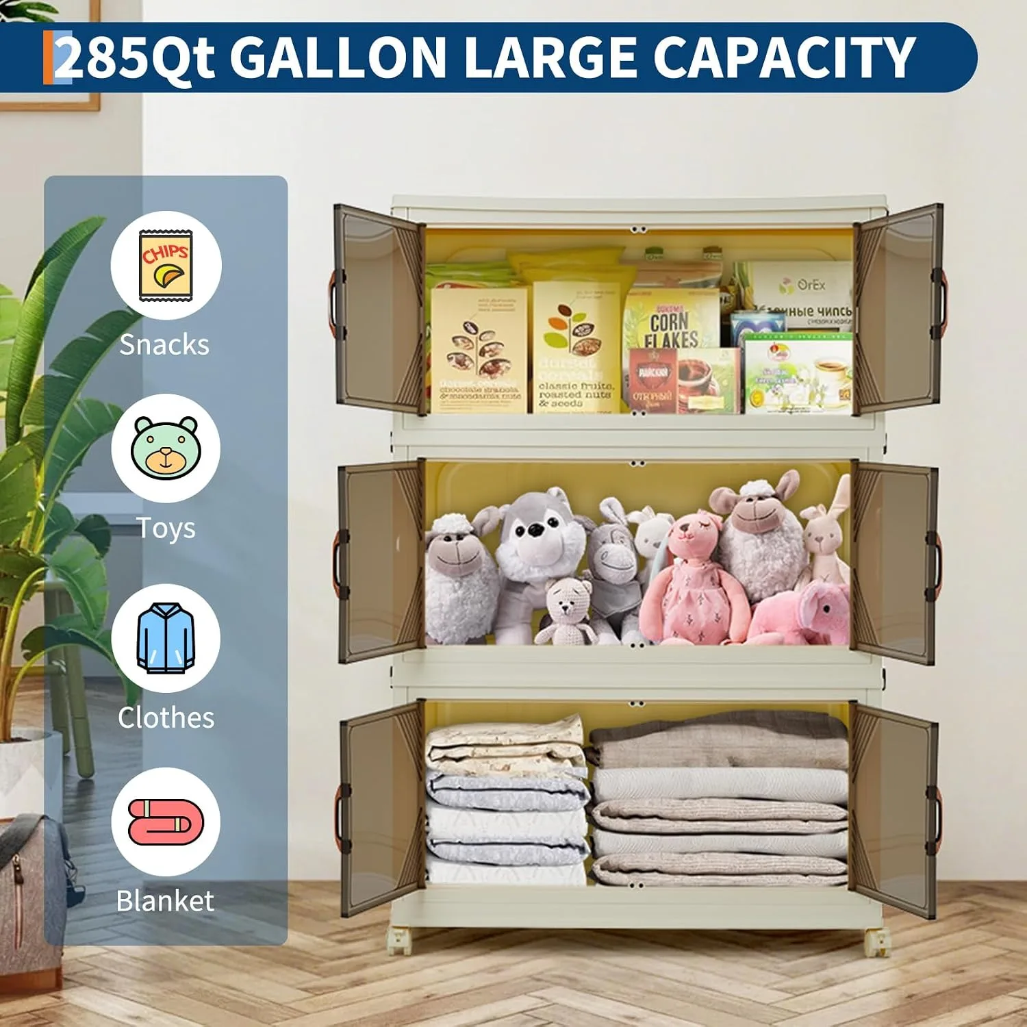 Stackable Collapsible Storage Drawer Magnetic Doors Lockable Wheels Organizer for Closet Bedroom Office 3 Layer