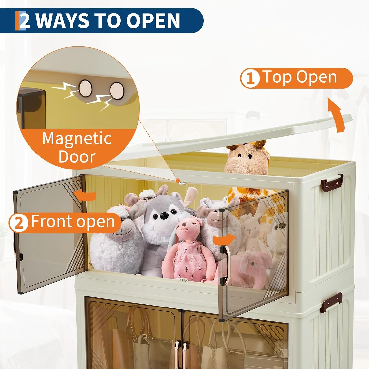 Stackable Collapsible Storage Drawer Magnetic Doors Lockable Wheels Organizer for Closet Bedroom Office 3 Layer