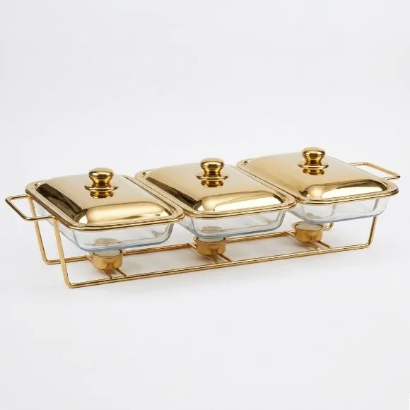 3 Rectangular Glass Dishes with 3 Individual Lids Chafing Dish