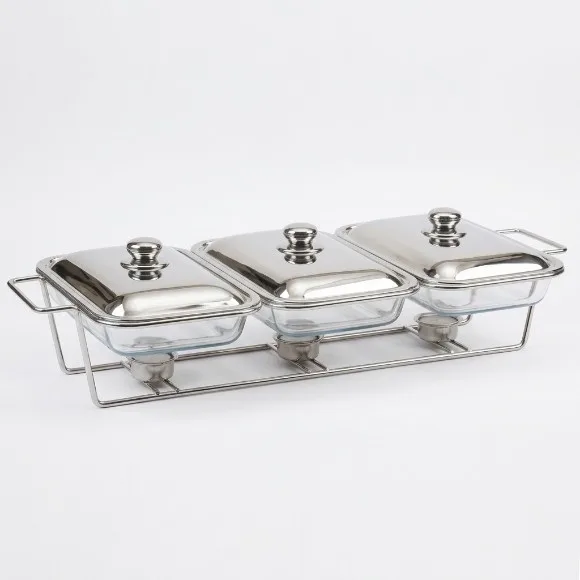 3 Rectangular Glass Dishes with 3 Individual Lids Chafing Dish