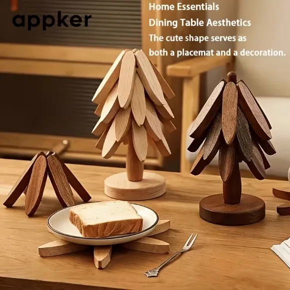 4pcs Set Tree Shape Natural Wooden Tree Coaster Folding Heat Resistant Wood Trivets Dishes Mats