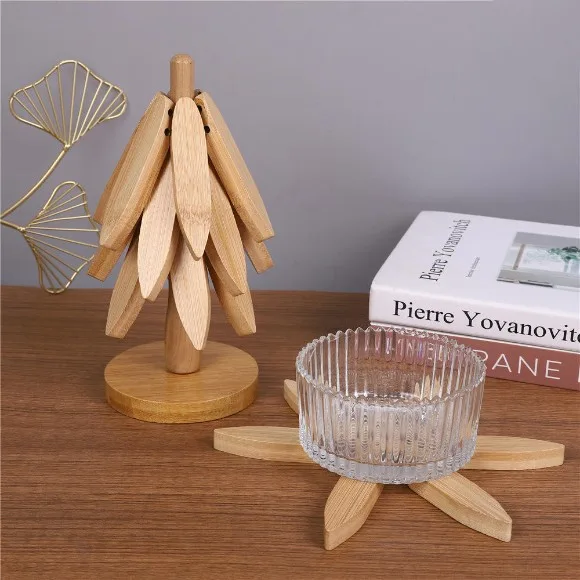 4pcs Set Tree Shape Natural Wooden Tree Coaster Folding Heat Resistant Wood Trivets Dishes Mats