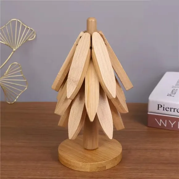 4pcs Set Tree Shape Natural Wooden Tree Coaster Folding Heat Resistant Wood Trivets Dishes Mats