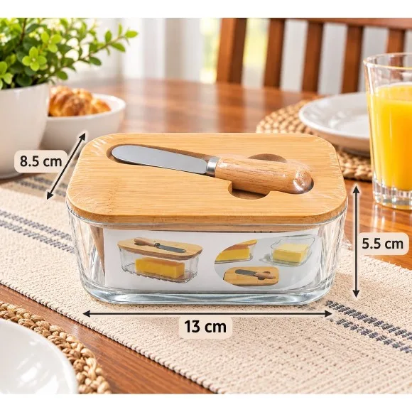 Acrylic Bamboo Top Butter Dish & Knife Set With Clear Storage Box