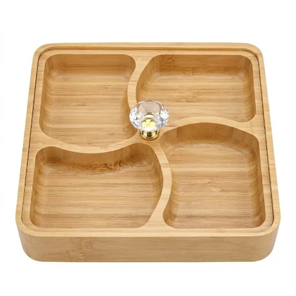 Bamboo Wooden Snack Serving Tray Dry Fruit Plate 4 Compartment