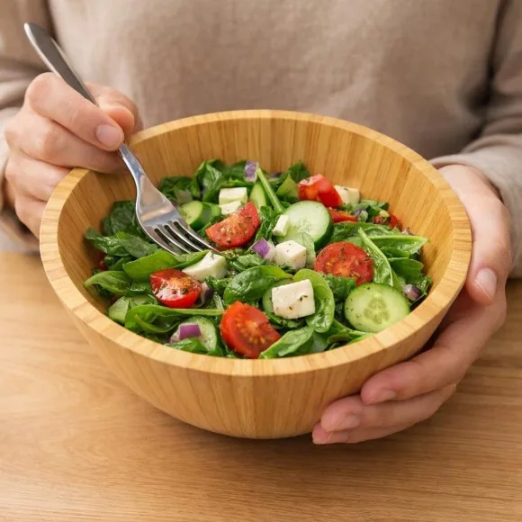 Bamboo Serving Bowl Lightweight Natural Wood for Salad Fruit Nuts & Appetizers 