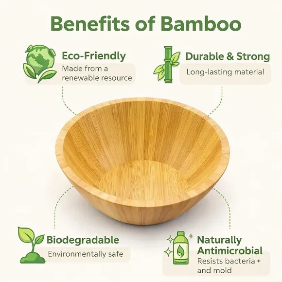 Bamboo Serving Bowl Lightweight Natural Wood for Salad Fruit Nuts & Appetizers 