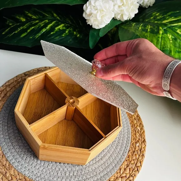 Bamboo Octagonal Divided Serving Tray With Textured Transparent Lid