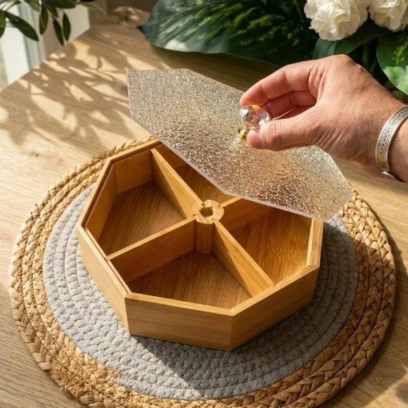 Bamboo Octagonal Divided Serving Tray With Textured Transparent Lid