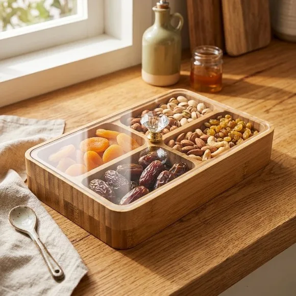 Bamboo Carved Divided Serving Tray 4 Compartment with Acrylic Lid