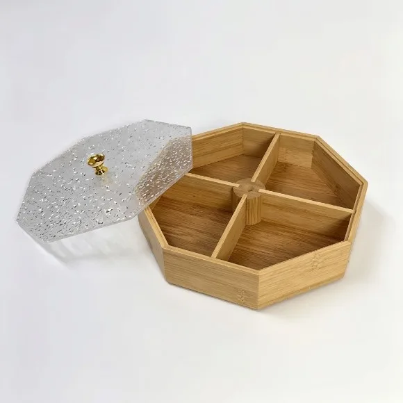 Bamboo Octagonal Divided Serving Tray With Textured Transparent Lid