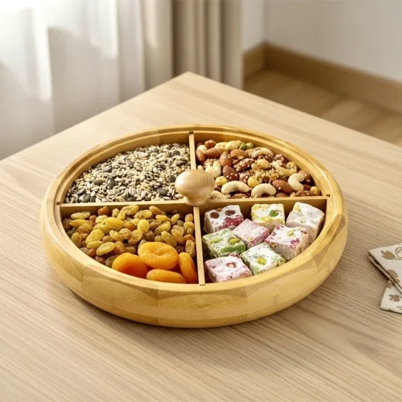 Bamboo Round Sweets and Nuts 4 Compartments Dry Fruit Tray