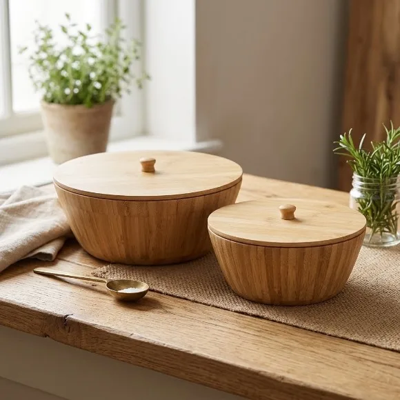 Natural Bamboo Serving & Storage Bowls with Lids